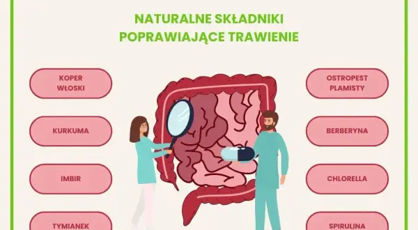 Naturalne składniki co wspomaga trawienie: koper włoski, kurkuma, imbir, tymianek, ostropest plamisty, berberyna, chlorella, spirulina.