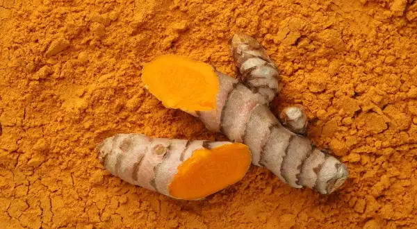 Pomarańczowy proszek z kurkumy i przekrojone kłącza. Kurkuma na stany zapalne to naturalny sposób na zdrowie.