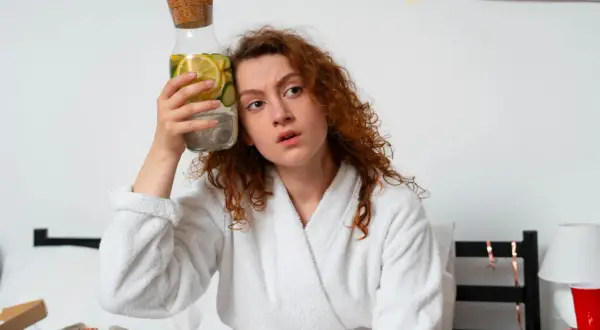 Kobieta w szlafroku trzyma butelkę z wodą i cytryną, szukając sposobu, jak oczyścić organizm z alkoholu domowym sposobem.
