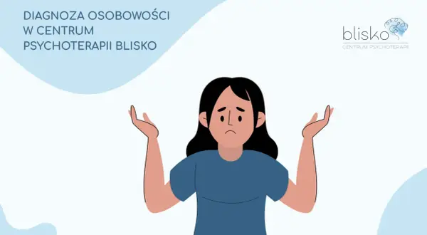 Ilustracja kobiety z uniesionymi rękami i smutną miną, obok logo centrum psychoterapii.
