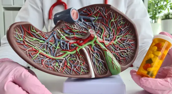 Model wątroby z widocznymi naczyniami, obok lekarz w różowych rękawiczkach trzyma buteleczkę z lekami, sugerując leczenie podwyższonego GGTP.