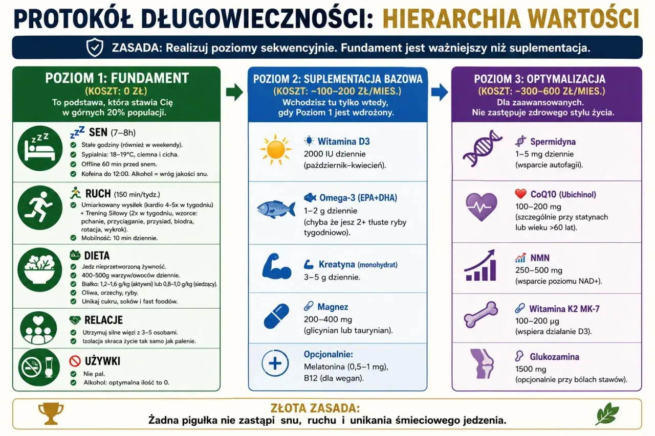 Hierarchia wartości protokołu długowieczności: sen, ruch, dieta, relacje, używki, suplementacja bazowa i optymalizacja. Ile jest aminokwasów? Nie podano.
